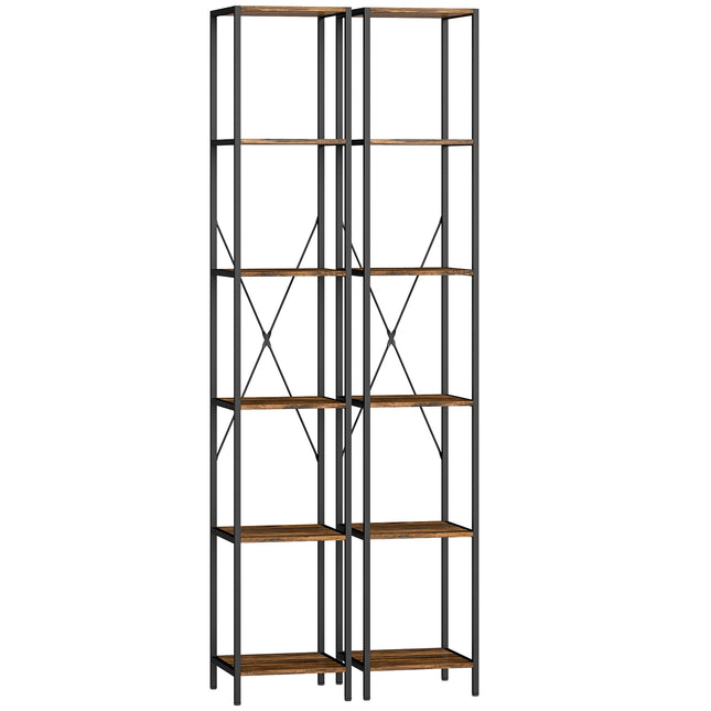 2-Piece 6-Tier Bookshelf Set, Steel Frame, Rustic Brown