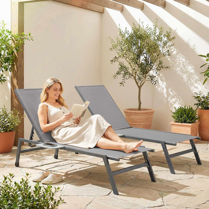 2-Piece Adjustable Sun Lounger Set with Side Table, Grey