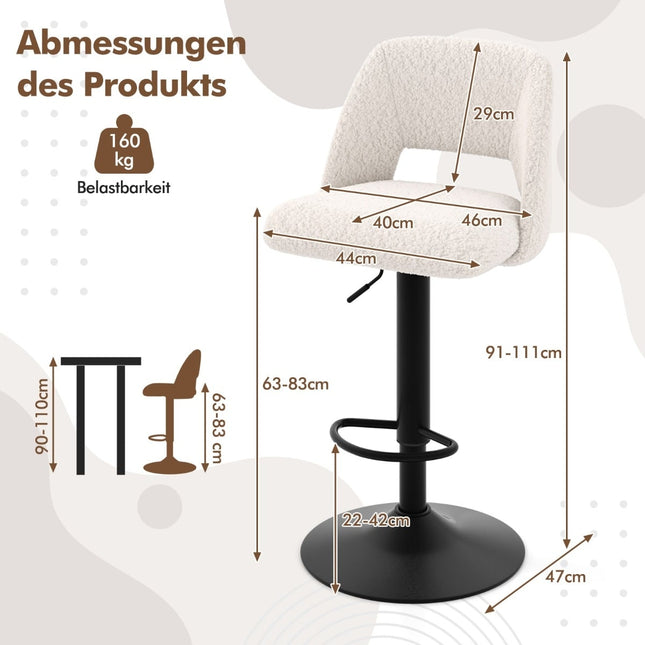 2-Piece Adjustable Teddy Fabric Bar Stools with Backrest