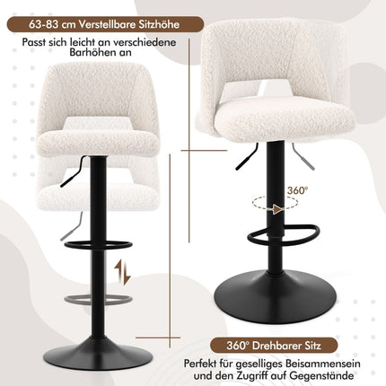 2-Piece Adjustable Teddy Fabric Bar Stools with Backrest