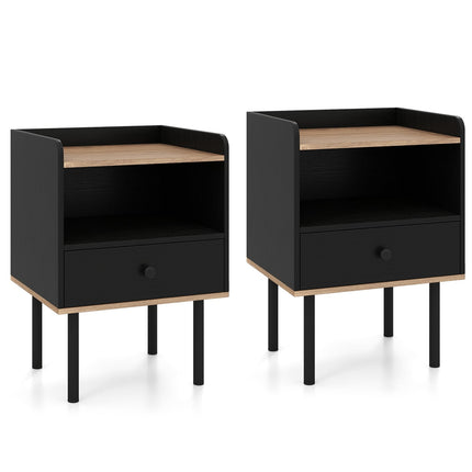 2-Piece Black Nightstand Set with Drawer & Shelf