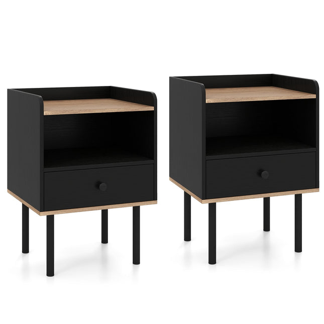 2-Piece Black Nightstand Set with Drawer & Shelf