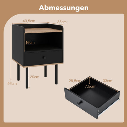 2-Piece Black Nightstand Set with Drawer & Shelf