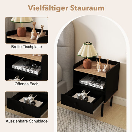 2-Piece Black Nightstand Set with Drawer & Shelf