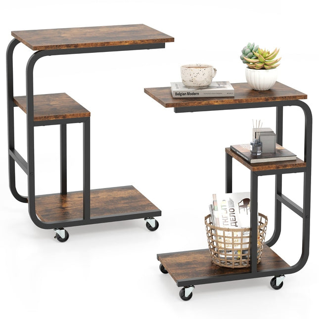 2-Piece C-Shaped Nesting Side Table Set with Wheels