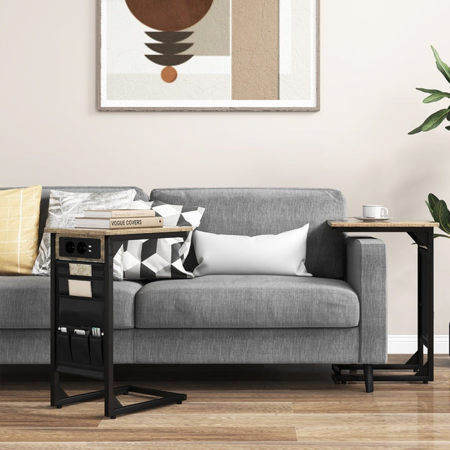 2-Piece C-Shaped Side Table Set with Charging Station