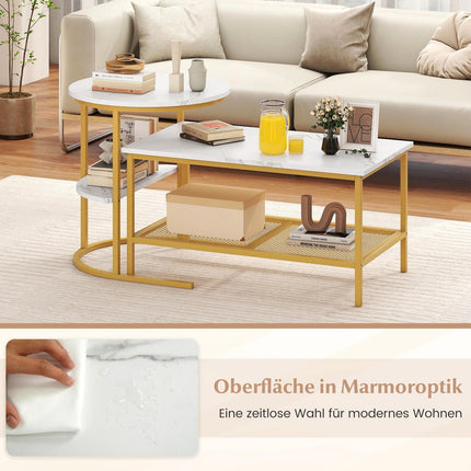 2-Piece Coffee Table Set with Faux Marble Tops, White