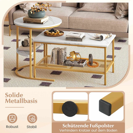 2-Piece Coffee Table Set with Faux Marble Tops, White
