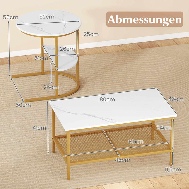 2-Piece Coffee Table Set with Faux Marble Tops, White