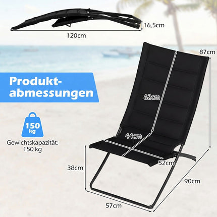 2-Piece Folding Beach Chairs with Padded Seats, Black