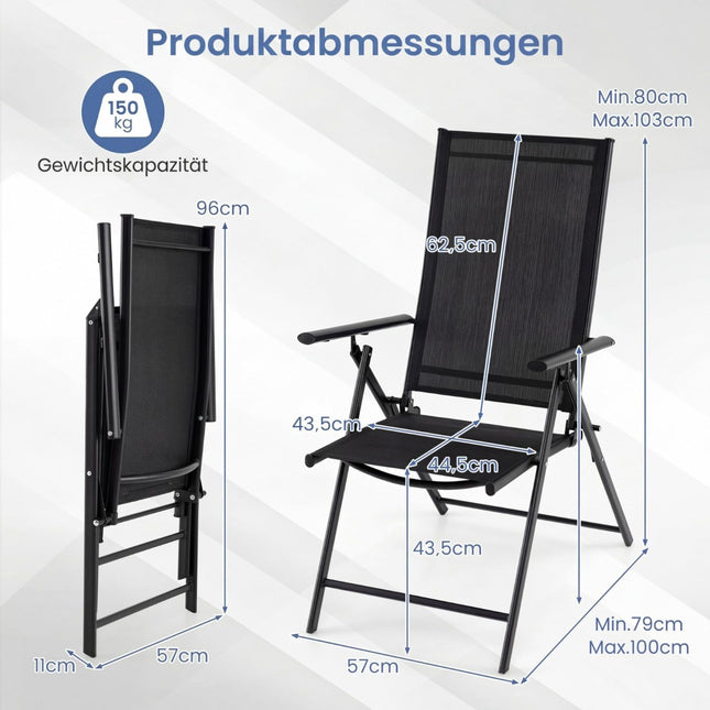 2-Piece Folding Garden Chairs, Adjustable Backrest, Black