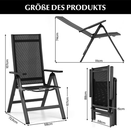 2-Piece Folding Patio Chairs, Adjustable Recline, Black