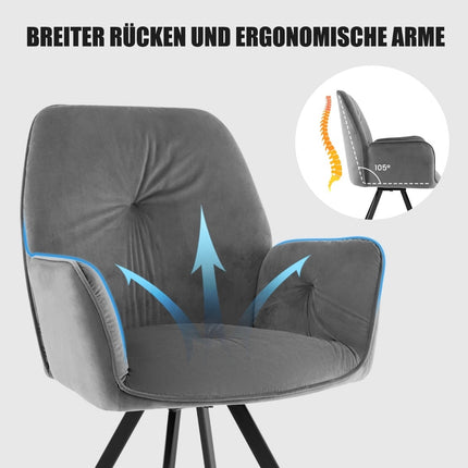 2-Piece Grey Velvet Swivel Dining Chairs, Metal Legs