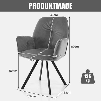 2-Piece Grey Velvet Swivel Dining Chairs, Metal Legs