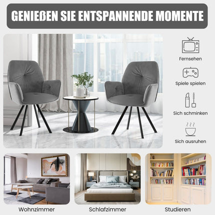 2-Piece Grey Velvet Swivel Dining Chairs, Metal Legs