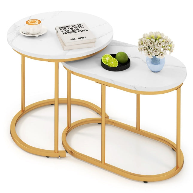 2-Piece Marble-Look Coffee Table Set with Gold Legs