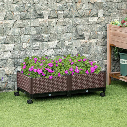 Raised garden bed with wheels - 2-piece plastic set, brown