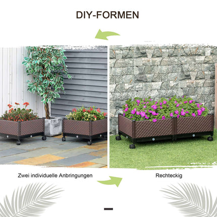 Raised garden bed with wheels - 2-piece plastic set, brown