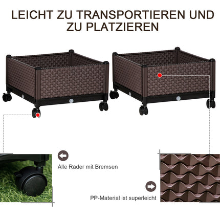 Raised garden bed with wheels - 2-piece plastic set, brown