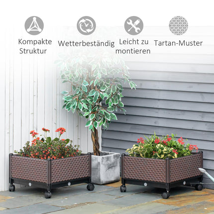 Raised garden bed with wheels - 2-piece plastic set, brown