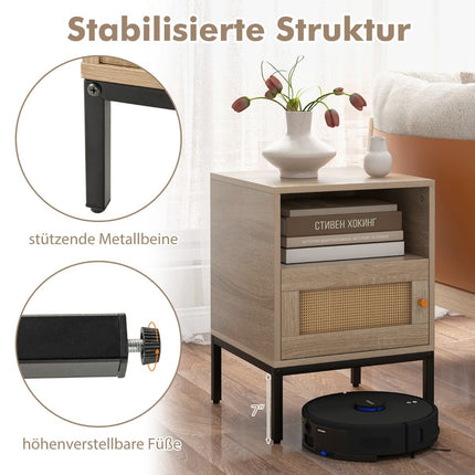 2-Piece Rattan Nightstand Set with Shelf & Cabinet