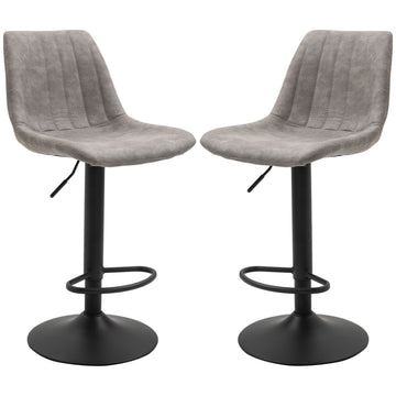 2-Piece Retro Bar Stools, Grey Microfiber, Adjustable Height