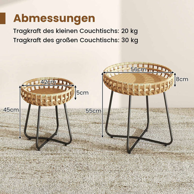 2-Piece Round Outdoor Rattan Side Table Set with Metal Frame