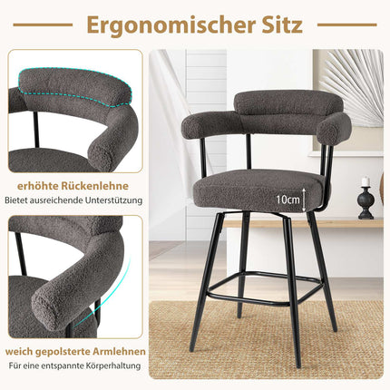 2-Piece Set Swivel Bar Stools, Padded, 360 Rotation, Gray