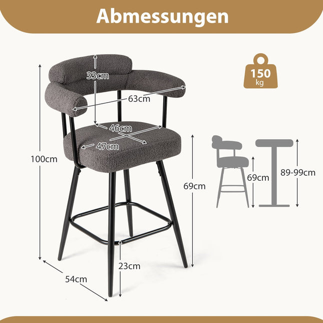 2-Piece Set Swivel Bar Stools, Padded, 360 Rotation, Gray