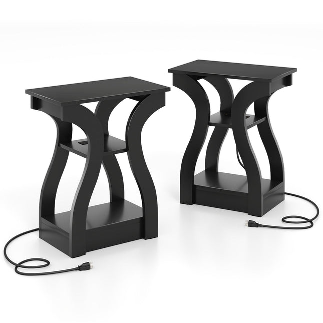 2-Piece Side Table Set with Charging Station, Black