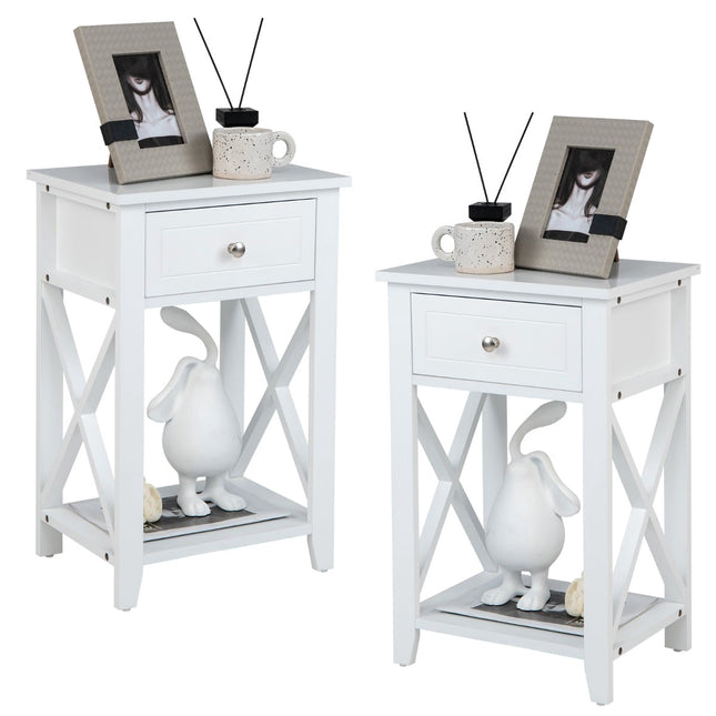 2-Piece White Nightstand Set with Drawer and Shelf