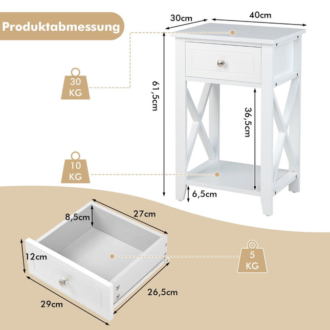 2-Piece White Nightstand Set with Drawer and Shelf