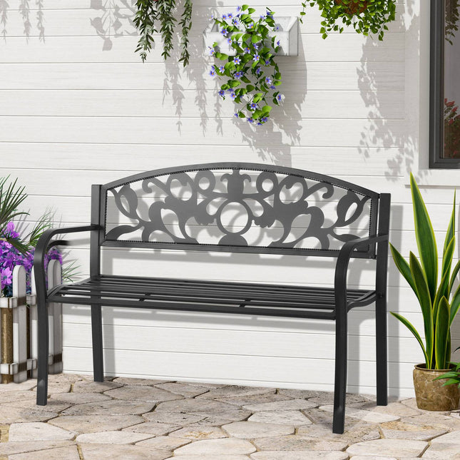 Outdoor metal garden bench, black 2-seater with armrests