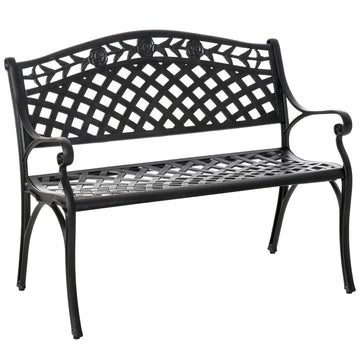 2-Seater Black Aluminum Garden Bench with Armrests