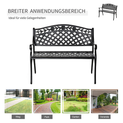 2-Seater Black Aluminum Garden Bench with Armrests