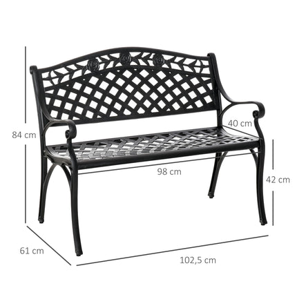 2-Seater Black Aluminum Garden Bench with Armrests