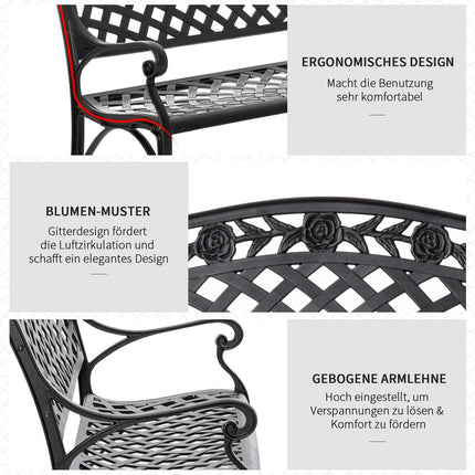 2-Seater Black Aluminum Garden Bench with Armrests