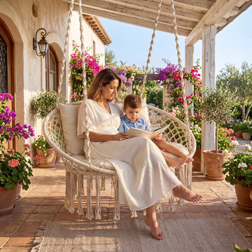 2-Seater Boho Hanging Chair with Cushions, Beige