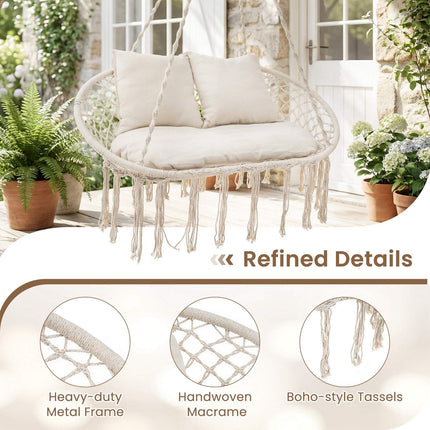 2-Seater Boho Hanging Chair with Cushions, Beige