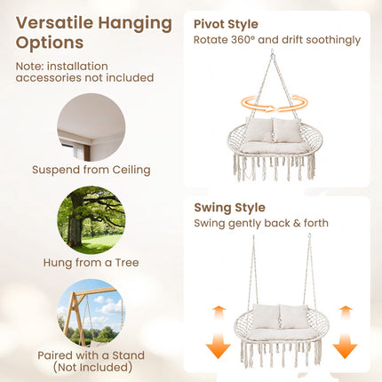 2-Seater Boho Hanging Chair with Cushions, Beige