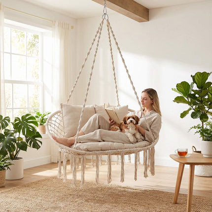 2-Seater Boho Hanging Chair with Cushions, Beige