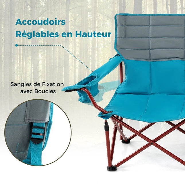 2-Seater Camping Chair – Adjustable Arms, Cup Holders, Bag