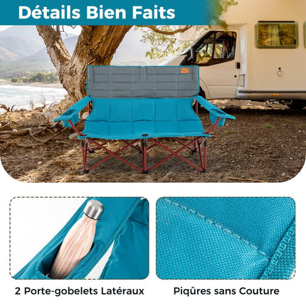 2-Seater Camping Chair – Adjustable Arms, Cup Holders, Bag