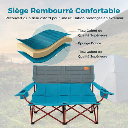 2-Seater Camping Chair – Adjustable Arms, Cup Holders, Bag