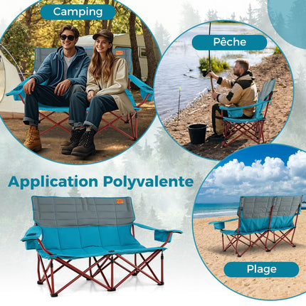 2-Seater Camping Chair – Adjustable Arms, Cup Holders, Bag