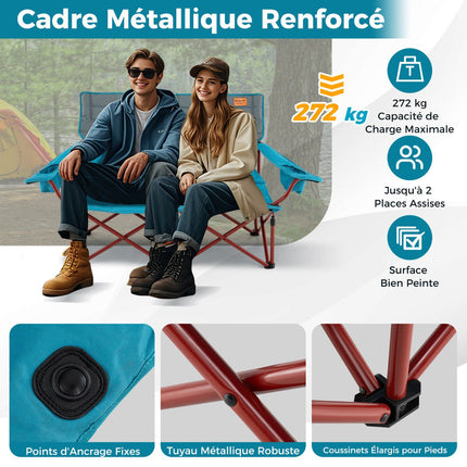 2-Seater Camping Chair – Adjustable Arms, Cup Holders, Bag