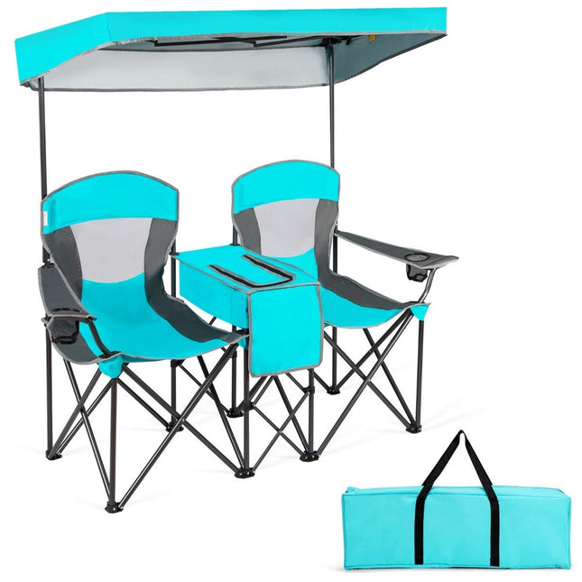 2-Seater Camping Chair with Sun Protection Mini Table Folding Fishing Chair with Carry Bag 166 x 71 x 151 cm Navy