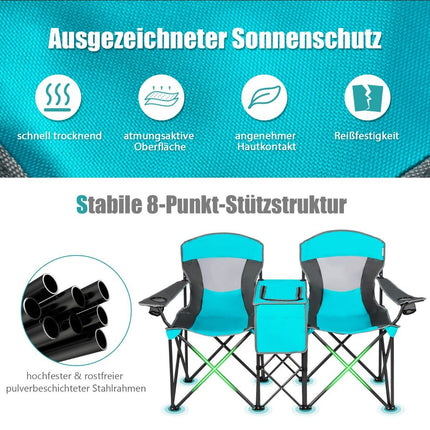 2-Seater Camping Chair with Sun Protection Mini Table Folding Fishing Chair with Carry Bag 166 x 71 x 151 cm Navy