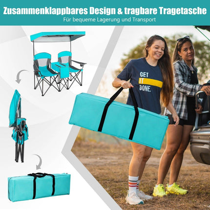 2-Seater Camping Chair with Sun Protection Mini Table Folding Fishing Chair with Carry Bag 166 x 71 x 151 cm Navy