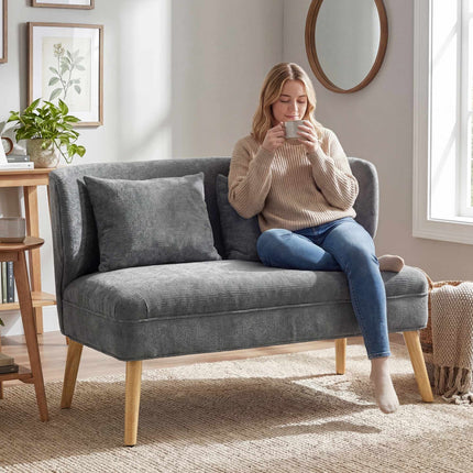 2-Seater Chenille Sofa, Wingback, Rubberwood Legs, Grey